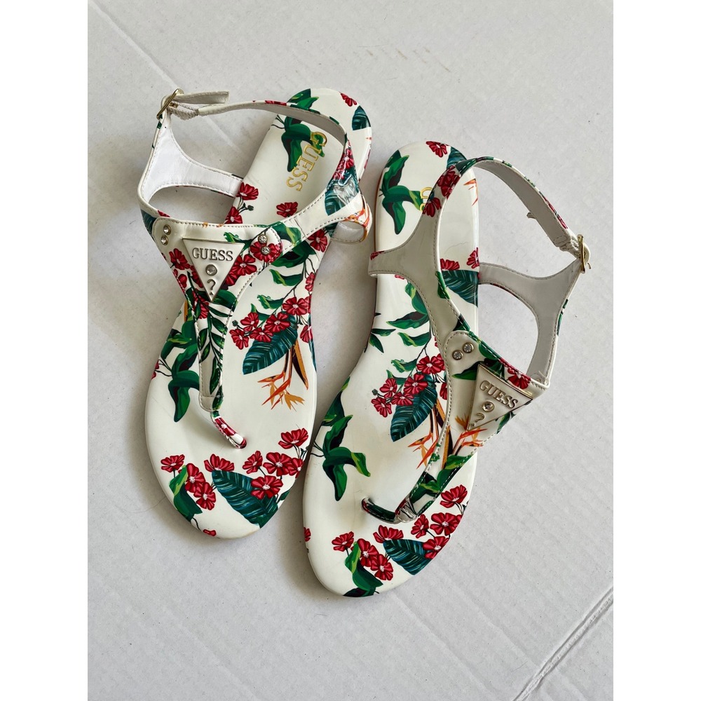 GUESS White Pink Red Floral Thong Sandal's Women's 8 Buckle Strappy Summer